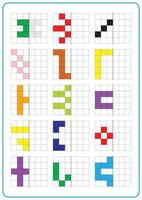 Printable picture reflection educational game for toddlers and kids. Learning symmetrical worksheets, fun for preschool and kindergarten. Grid page coloring activities, visual perception and pixel art vector