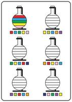 Instructional coloring pages, educational games for children, preschool activity worksheets. Simple cartoon vector illustration of colorful objects to learn colors. Coloring chemical test tubes.