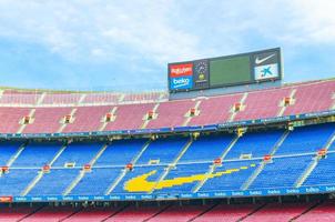 Barcelona, Spain, March 14, 2019 Close up view of multi-level tribunes stands and scoreboard of Camp Nou. Nou Camp is the home stadium of football club Barcelona, the largest stadium in Spain. photo