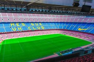 Barcelona, Spain, March 14, 2019 Camp Nou is the home stadium of football club Barcelona, the largest stadium in Spain. Top aerial view of tribunes stands and green grass field from commentary box.