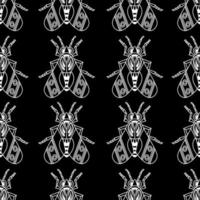 Illustration set of cute Insects white line art, Vector seamless pattern on black background