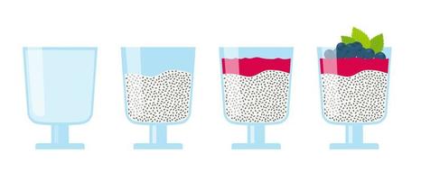 Steps of Making Chia Seeds Pudding with berry mousse and mint leaves. Isolated vector illustration