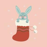 Cute rabbit sleeps in a Christmas sock. Holiday hand drawn vector design.