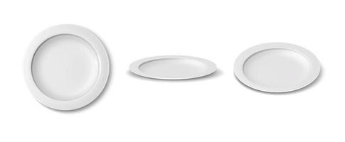 3d realistic vector icon set. White porcelain plates in side, front and top view. Isolated on white background.