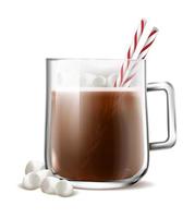 3d realistic vector icon. Glass cup of cacao with marshmallow and red and white straws. Isolated on white background.