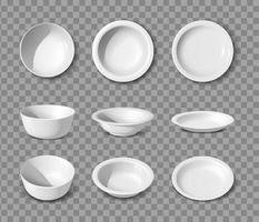 Colección de vectores realistas en 3d. juego de platos, platos y tazones de porcelana blanca en vista lateral, frontal y superior.