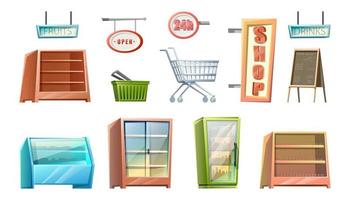 vector cartoon style supermarket shop elements. Shopping cart, product shelves, basket, signs of food and drinks. Isolated on white background.