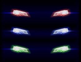 Vector realistic car front lights in different color shades on transparent dark background.