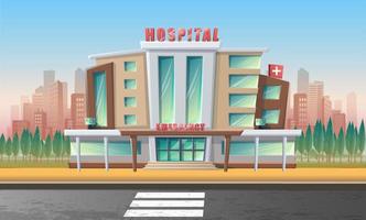 ilustración de estilo de dibujos animados vectoriales del edificio de emergencia del hospital con el paisaje de la ciudad detrás y la carretera al frente. vector