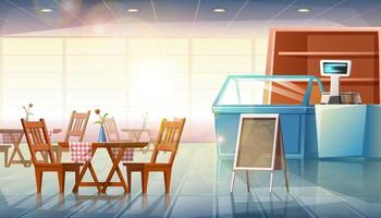 Vector cartoon style flat illustration of restaurant interior with showcases, cashier and dining tables with menu stand.