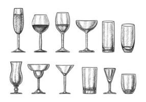gran colección vectorial de copas de cóctel dibujadas a mano para diferentes bebidas. vector