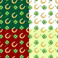 Four color vector seamless patter of good luck, with horseshoe and clever leaves.