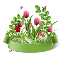 Vector cartoon style spring flowers bouquet with green ribbon. Isolated on white background.