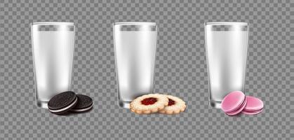 Conjunto de iconos de vector realista 3d. vasos de leche con diferentes tipos de galletas. chocolateado, galleta linzer, galleta macaroon.