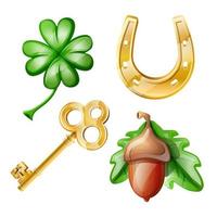 Vector cartoon set of good luck symbols clover, golden key, horseshoe, acorn. Isolated on white background.
