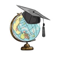 Graduation cap on globe vector illustration,hand drawing in cartoon sketch style isolated on white background.Globe with square academic hat.Education concept.Graduation