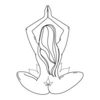 Woman sitting in lotus position with folded hands above her head outline drawing.Girl doing practice and meditates in lotus position sitting with her back.Vector black and white illustration vector