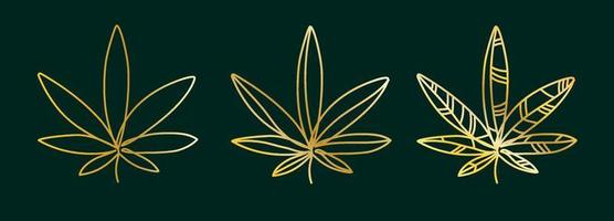 Golden cannabis leaf, hemp on a dark green background set of logos.Simple cannabis vector design graphic illustration minimalist