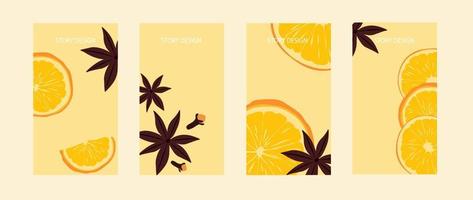 plantilla de historia de vino caliente para medios sociales, fondo naranja con fruta, ilustración vectorial. una rodaja de naranja, canela y clavo. vector