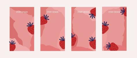 Valentine's day story template for social media, pink background with strawberries, vector illustration. The 14th of February