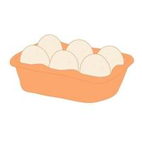 Open egg box with vector stock illustration. Fresh organic chicken eggs in carton pack or egg container with copy space. Isolated on a white background.