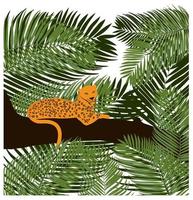 leopardo en la ilustración de stock de vector de árbol. animales salvajes de la selva. selva tropical primer plano de hojas de palma de color verde. un depredador con un color amarillo brillante.