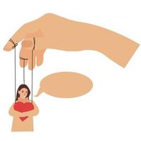 Manipulation of feelings vector stock illustration. Emotion management, psychology. The hand with the threads guides the puppet. Isolated on a white background.