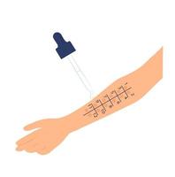 ilustración de stock de vector de prueba de alergia. Diagnóstico de laboratorio para alérgenos por el medicamento. una prueba de inyección en el brazo. Aislado en un fondo blanco.