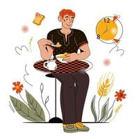 joven desayunando cereales saludables sentado en la mesa, ilustración vectorial de dibujos animados aislada en el fondo blanco. el hombre come avena o copos de cereal del tazón. desayuno saludable por la mañana. vector