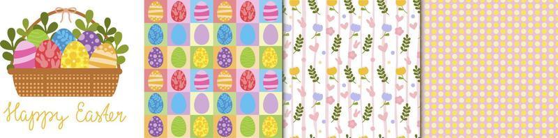 Happy Easter vector set of illustration, handwritten lettering, pack of seamless patterns. Cute Rabbit character, eggs, leafes, flowers. For paper and fabric, Social media, online marketing.