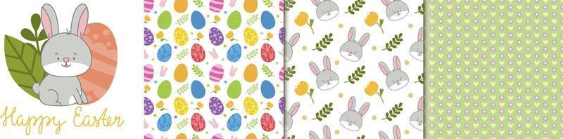 Happy Easter vector set of illustration, handwritten lettering, pack of seamless patterns. Cute Rabbit character, eggs, leafes, flowers. For paper and fabric, Social media, online marketing.