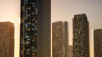 sunset aerial shot of skyscrapers of business centre video