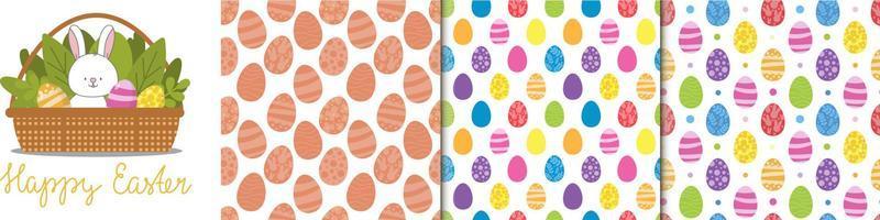 Happy Easter vector set of illustration, handwritten lettering, pack of seamless patterns. Cute Rabbit character, eggs, leafes, flowers. For paper and fabric, Social media, online marketing.