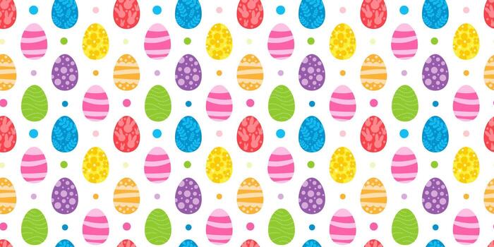 Vector seamless pattern. Background with many Rabbits, eggs, flowers, leaves scattered. Festive Easter Day surface pattern design. Spring season. For printing on fabric and paper, cards, social media