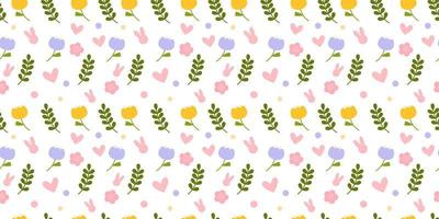 Vector seamless pattern. Background with many Rabbits, eggs, flowers, leaves scattered. Festive Easter Day surface pattern design. Spring season. For printing on fabric and paper, cards, social media