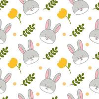 Vector seamless pattern. Background with many Rabbits, eggs, flowers, leaves scattered. Festive Easter Day surface pattern design. Spring season. For printing on fabric and paper, cards, social media