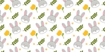 Vector seamless pattern. Background with many Rabbits, eggs, flowers, leaves scattered. Festive Easter Day surface pattern design. Spring season. For printing on fabric and paper, cards, social media