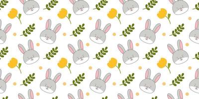 Vector seamless pattern. Background with many Rabbits, eggs, flowers, leaves scattered. Festive Easter Day surface pattern design. Spring season. For printing on fabric and paper, cards, social media