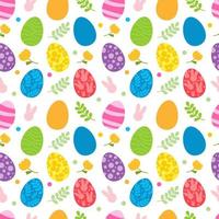 Vector seamless pattern. Background with many Rabbits, eggs, flowers, leaves scattered. Festive Easter Day surface pattern design. Spring season. For printing on fabric and paper, cards, social media