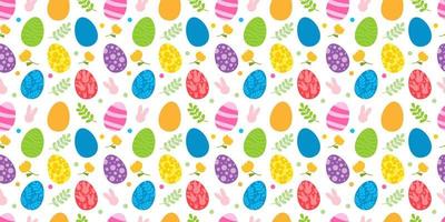 Vector seamless pattern. Background with many Rabbits, eggs, flowers, leaves scattered. Festive Easter Day surface pattern design. Spring season. For printing on fabric and paper, cards, social media