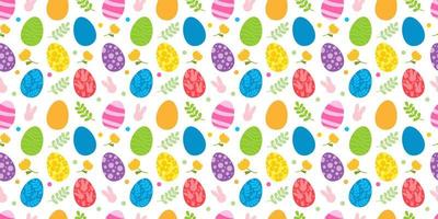 Vector seamless pattern. Background with many Rabbits, eggs, flowers, leaves scattered. Festive Easter Day surface pattern design. Spring season. For printing on fabric and paper, cards, social media