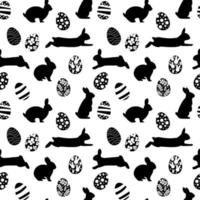 Vector seamless pattern. Background with many Rabbits, eggs, flowers, leaves scattered. Festive Easter Day surface pattern design. Spring season. For printing on fabric and paper, cards, social media