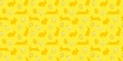 Vector seamless pattern. Background with many Rabbits, eggs, flowers, leaves scattered. Festive Easter Day surface pattern design. Spring season. For printing on fabric and paper, cards, social media