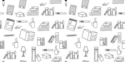 Vector seamless pattern. Doodle Many icons of books scattered Background for education elearning school concept. Pile of paper books, open book, book on computer screen, ebooks, glasses, heart