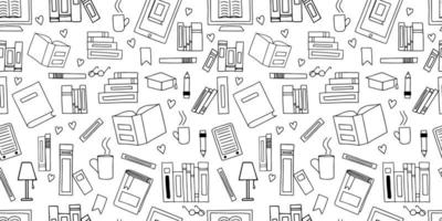 Vector seamless pattern. Doodle Many icons of books scattered Background for education elearning school concept. Pile of paper books, open book, book on computer screen, ebooks, glasses, heart