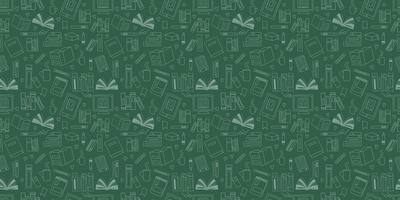 Vector seamless pattern. Doodle Many icons of books scattered Background for education elearning school concept. Pile of paper books, open book, book on computer screen, ebooks, glasses, heart