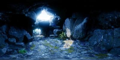 câmera vr 360 movendo-se dentro da caverna tropical na selva com palmeiras e luz do sol
