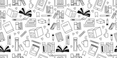 Vector seamless pattern. Doodle Many icons of books scattered Background for education elearning school concept. Pile of paper books, open book, book on computer screen, ebooks, glasses, heart
