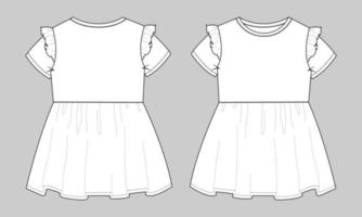 Baby girls dress design technical Flat sketch vector illustration template. Apparel clothing Mock up front and back views Isolated on Grey Background. Kids Fashion vector Art drawing easy editable.