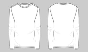 Long sleeve slim fit basic t-shirt technical fashion flat sketch vector template. Cotton jersey apparel design mockup front, back views isolated on grey background. Men unisex cad.